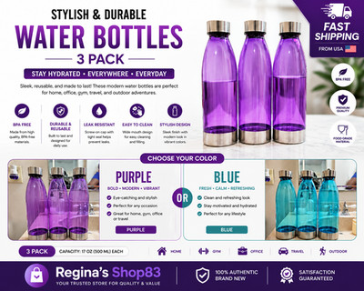 22oz Blue Plastic Water Bottle w/ Stainless Steel Lid & Base Carry Strap BPA-Fre
