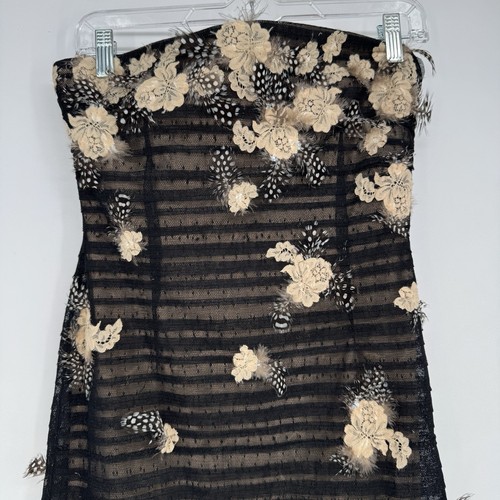 BCBG Maxazria Black Cocktail Dress Women's Size Small Feathers & Lace Strapless - Picture 2 of 9