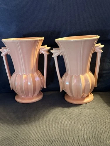 2 McCoy Vintage Peach Pink Vase Urn Pottery 1940s Double Handles 9.25" Tall.