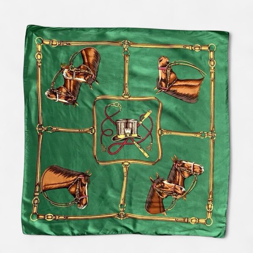 St Michael Satin Scarf Green Rayon Horse Made In Italy Vintage Equestrian - Picture 2 of 8