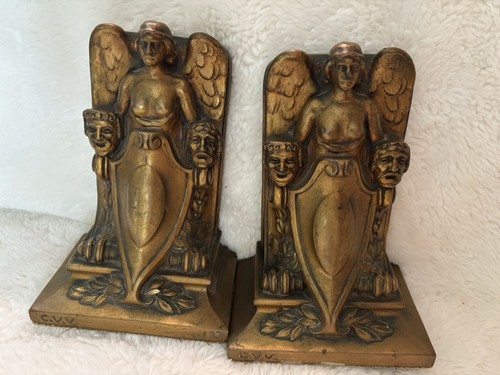 ANTIQUE J.B. ART DECO THEATER NUDE WING LADY BUST MASK STATUE BRONZE BOOKENDS