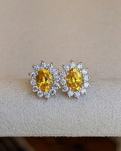14K White Gold Oval Cut 3.24 Ct Natural Yellow Sapphire & Diamond Earring Stud - 第 1/4 張圖片