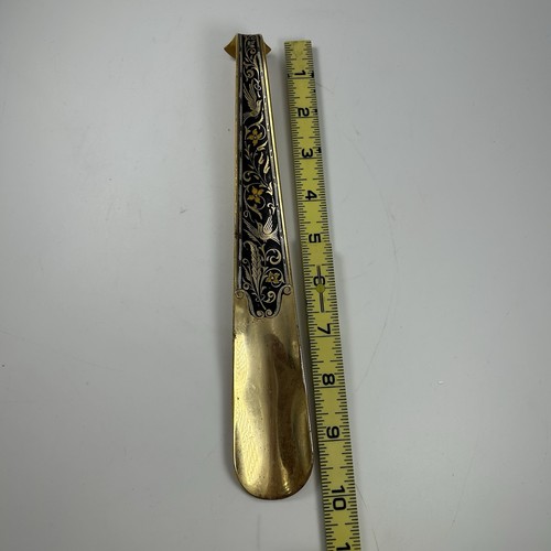 Vintage 10" Brass Shoe Horn with Decorative Floral Bird Inlay - READ DESC - Picture 2 of 15
