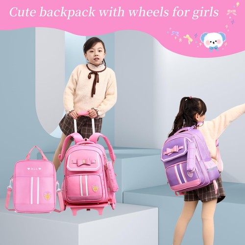 MITOWERMI Rolling Backpack for Girls Cute Trolley Bags Primary School Bookbag... - Picture 2 of 6