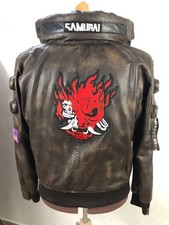 Men's Samurai Cyberpunk 2077 Bomber Brown Leather Jacket - Halloween Costume