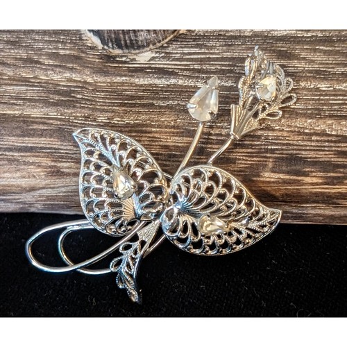 Signed Vintage Titan Sterling Filigree Rhinestone Floral Brooch - Picture 1 of 9