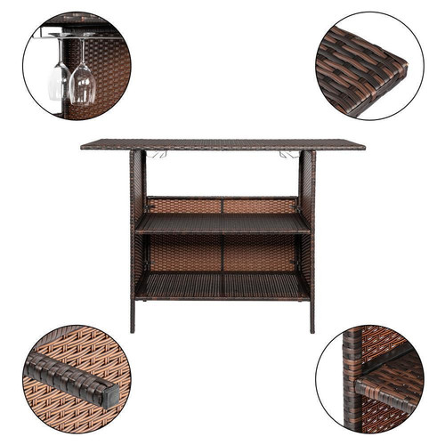 Outdoor Patio Rattan Wicker Bar Stools Brown Table Shelves Backyard Furniture - Picture 1 of 12