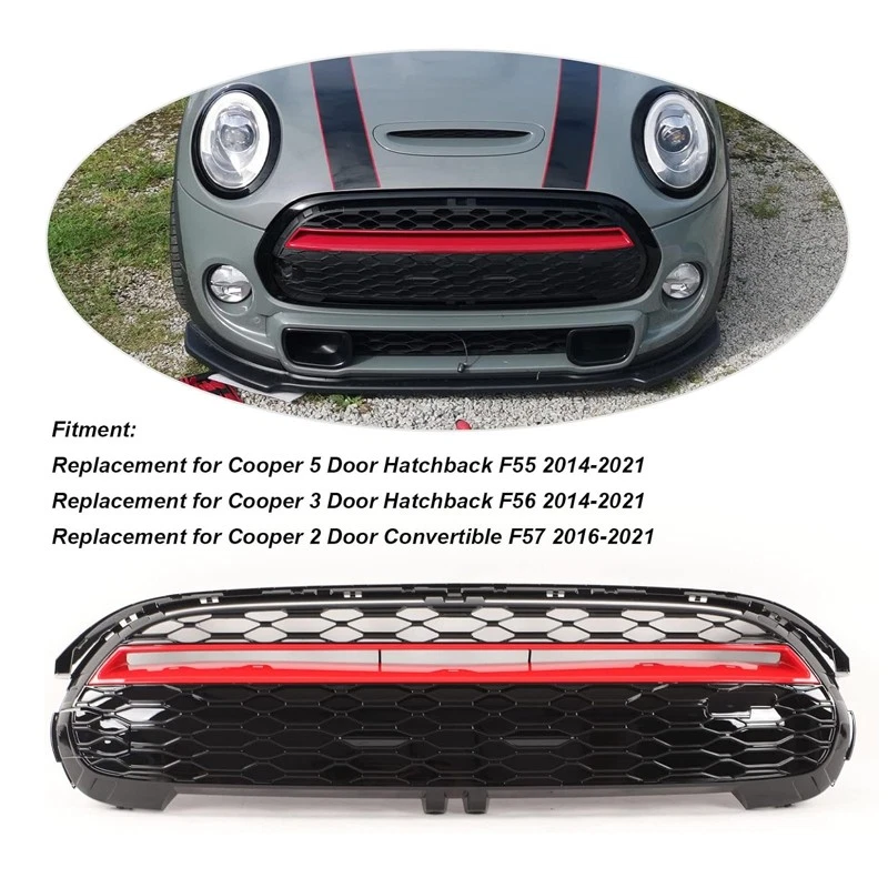 GLOSS BLACK RED FRONT GRILLE REPLACEMENT FOR 2014-2021 MINI COOPER F55 F56 F57 - Image 3 of 4