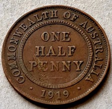 1919  🇦🇺 AUSTRALIA HALF PENNY WORLD COIN KM22 VERY FINE GEORGE V