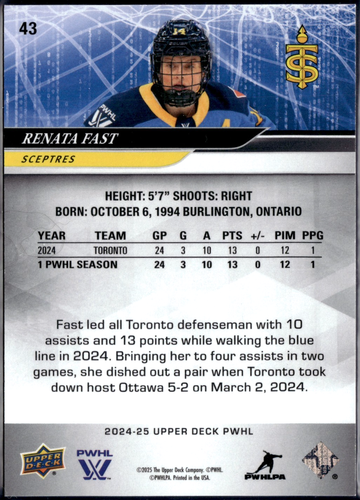 RENATA FAST 2024-25 UD Exclusives - PWHL Base Card - Toronto Sceptres  /100 - Imagen 2 de 2