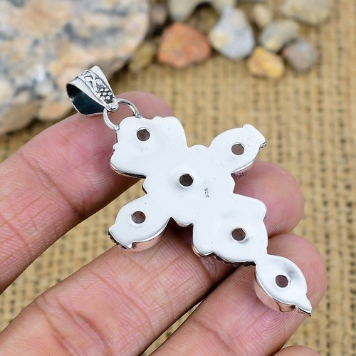 Rainbow Moonstone Gemstone Handmade 925 Sterling Silver Cross Jewelry Pendant - Picture 4 of 4