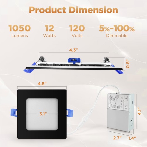 4 Inch Square LED Recessed Lighting, 5CCT Selectable 2700K/3000K/3500K/4000K/... - Picture 3 of 6