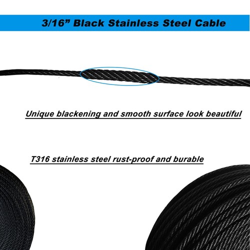 Cuerda de alambre negra de 3/16", cable de acero inoxidable T316, cable de avión de 200 pies para, cubierta... - Imagen 4 de 5