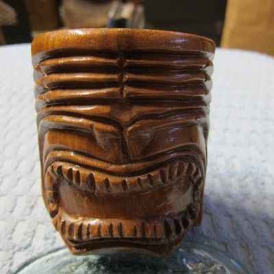 Vintage  KU Hawaiian Monkeypod Wood Hand Carved Tiki Mug Cup KAUAI