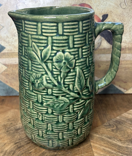 MORNING GLORY 2 Pc Set McCoy Pottery Green Basketweave Jug Pitcher & Mug 1920's - Picture 4 of 21