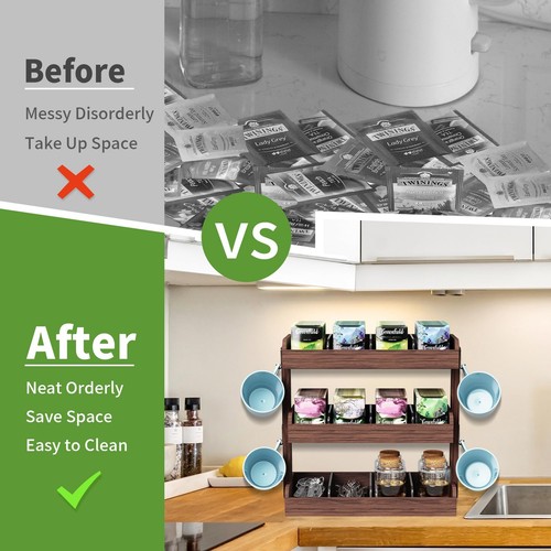 3 Tier Tea Bag Organizer - Wall-Mounted Holder with Partitions, 4 Hooks, Wood... - Bild 4 von 7