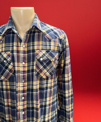 H Bar C Shirt Mens Med Light Flannel Plaid Western Pearl Snap Sawtooth Pockets
