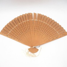 Ladies Bamboo Wood Folding Fan w/ White Tassel