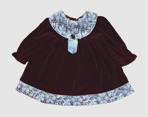 VESTIDO DE FIESTA ROSA COTTAGE TERCIOPELO ROJO BORGOÑA, CUELLO Y RIBETE DE ENCAJE BLANCO, 12M - Imagen 1 de 4