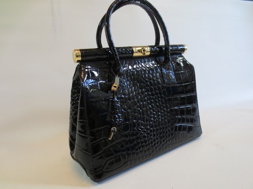 80-90er? große Tasche Handtasche Echt-Leder "Kroko" Lack schwarz Schlüssel /5 - Bild 2 von 10