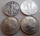 Lot of 4 - - (2) 90% Walking Liberty Half Dollars & (2) 40% Kennedy Half Dollars