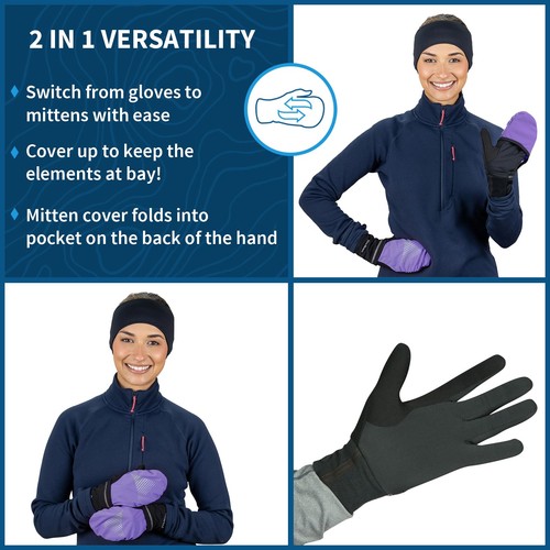 Womens Running Gloves Touchscreen Fingers & Convertible Waterproof Mitten She... - Picture 4 of 6