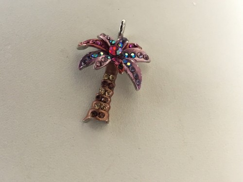 Vintage Multi Colored Rhinestone Palm Tree Pendant Silver Tone Metal - Picture 2 of 3