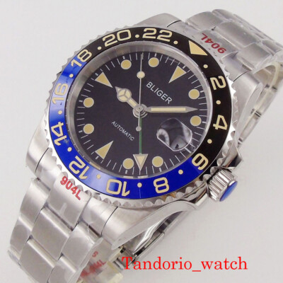 40mm Bliger GMT Automatic Men Watch Sapphire Crystal Luminous Date Black Dial