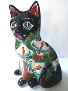 Mexican-Folk-Art-Talavera-Pottery-Ceramic-Animal-Sitting-Cat-Figure-Lilly-14-034