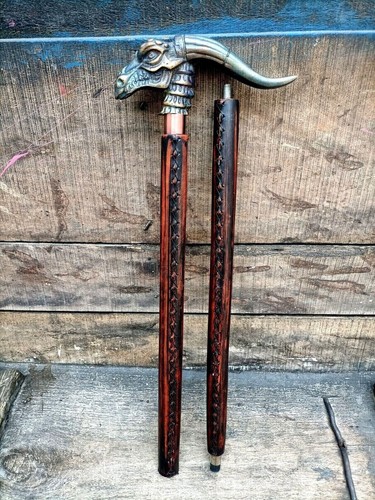 Chrome alien dragon head handle leather walking cane shaft stick new designer - Picture 7 of 10