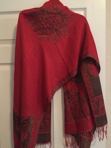 2 Sided Butterfly Cashmere Scarf Classy Wrap Luxury Shawl  Elegant Orange Olive - Picture 1 of 6