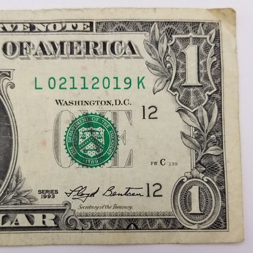 Birthday Note February 11, 2019 Dollar Serial Number Old US Paper Money 1993 L K - Picture 1 of 5