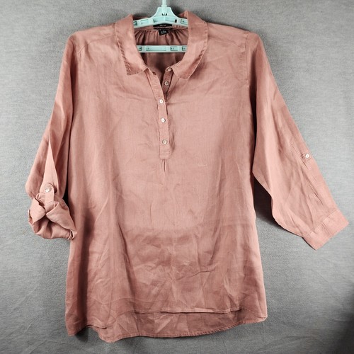 Jones New York Damen 100 % Leinen Bluse Kragen Hanley Riegelärmel Altrosa 2X