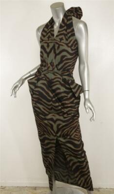 SAINT LAURENT RIVE GAUCHE VINTAGE Womens Safari Print Halter Maxi 