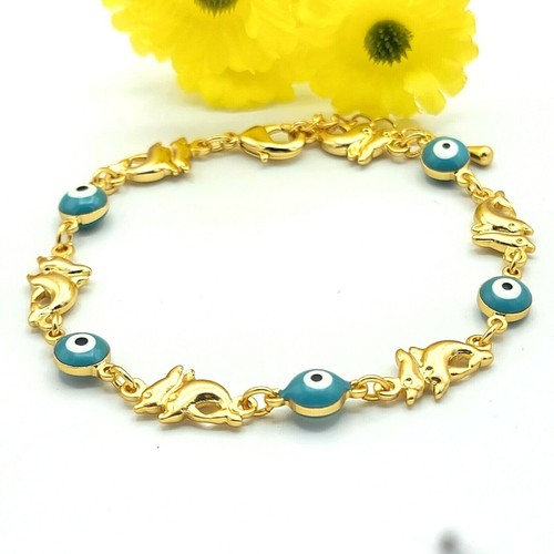 Yellow Gold Plated Dolphin & Evil Eye Bracelet. Protection. Oro Laminado. - Picture 2 of 6