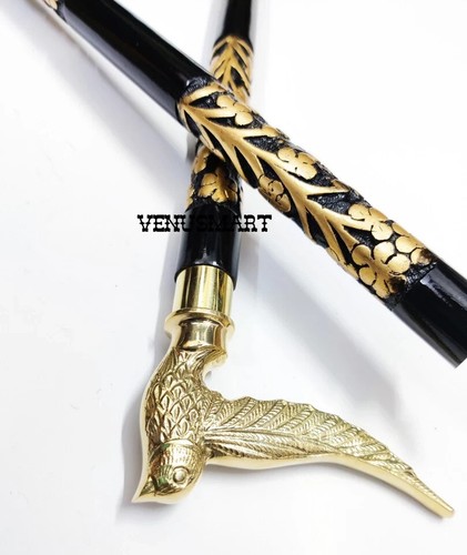 Vintage Designer Wooden Cane Walking Stick With Brass Handle For Men Women Gift - Picture 7 of 8