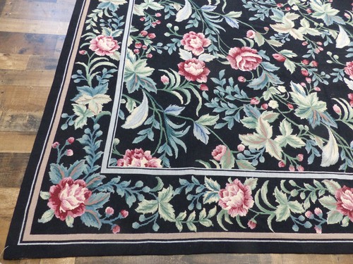 8'6"x11'5" Black Stunning Chic French Floral hand knotted wool Needlepoint rug - Picture 7 of 11