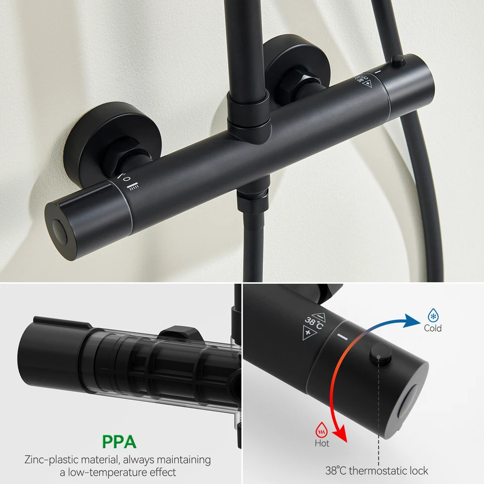 Regendusche Schwarz mit Thermostat Duscharmatur Handbrause Duschsystem Duschset  - Bild 4 von 4