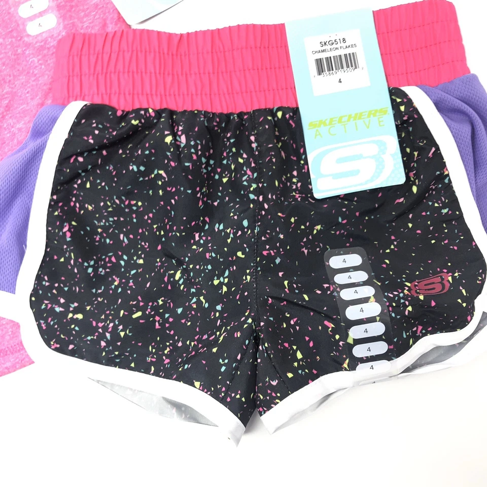 Niñas 4 Skechers Active Camiseta Pantalones Cortos Conjunto Rosa Negro Plata Hermosa K5 Foto 2 de 4