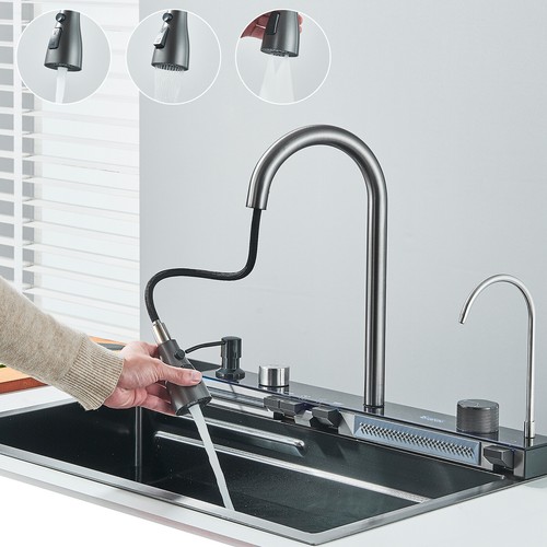 Fregadero de cocina de acero inoxidable Fregadero de cascada Juego de fregadero Fregadero empotrado con grifo - Imagen 6 de 25