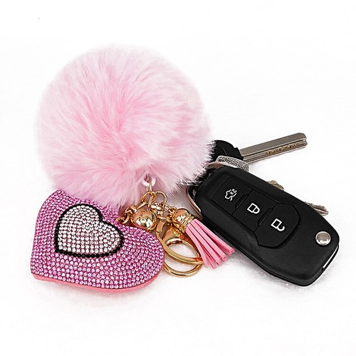 Cute Keychain Faux Fur Pompom with Crystal Heart - Fluffy Fur Ball Keychain. - Picture 15 of 18