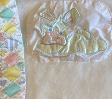 Vintage Quiltex Baby Blanket White w/ Pastel Satin Bunny  Print Cotton Trim