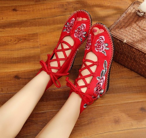 Women Floral Handmade Sandals Mary Cotton Slipper Chinese Embroidered Flat Shoes - Picture 6 of 13