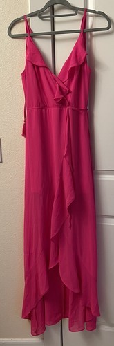 Fashion Nova Long ruffle Flowing Pink Dress V Neck Open Back Sheer Lining Sz S - Picture 1 of 13