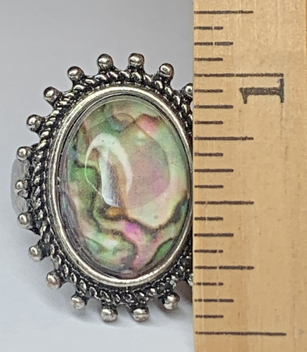 Vintage Silver Tone Big 1” Abalone Shell Cabochon Oval Dome Statement Ring SZ 8 - Afbeelding 5 van 12