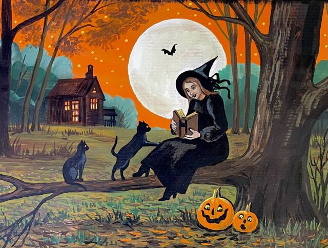 ACEO PRINT OF PAINTING RYTA HALLOWEEN BLACK CAT WITCH AUTUMN FOLK ART Salem ACEO PRINT OF PAINTING RYTA HALLOWEEN BLACK CAT WITCH AUTUMN FOLK ART Salem
