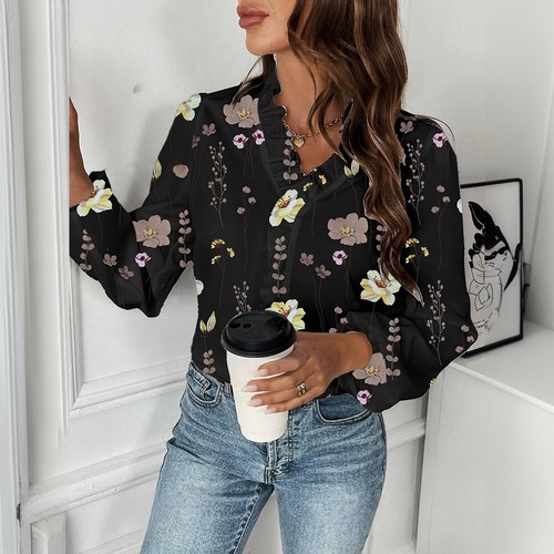 Womens Floral Printed Long Sleeve V Neck T-shirts Ladies Casual Loose Blouse Top - Picture 24 of 39