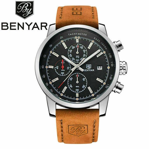BENYAR Herren Datum Militär Echt Leder Band 3 ATM Pilot Quarz Armbanduhr - Bild 15 von 17