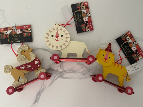 3 FAO Schwarz Wooden Christmas Ornaments Lion Tiger Poodle Circus New 4" - Picture 2 of 3