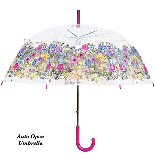 Ladies Birdcage Rain Strong Umbrella Walking Length Clear Dome Brolly Border  - Picture 2 of 82